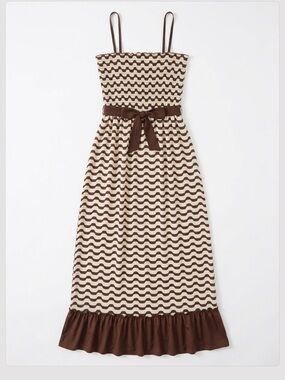 Brown & Cream Wave-Print Spaghetti Strap Maxi Dress